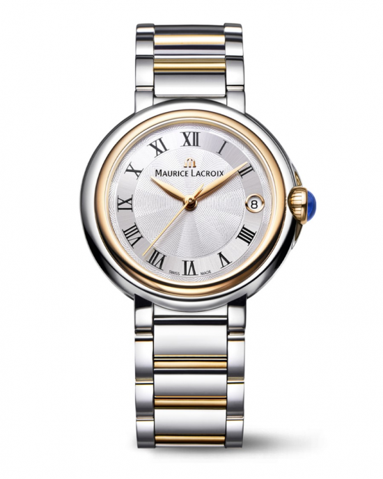 Maurice Lacroix Fiaba Ronde staal/rosé , 32 mm, Zilverkleurige wijzerplaat met romeinse indexen, blauwe steen in kroon. - 214199