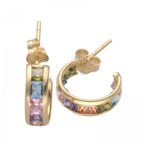 14 karaats steker creolen met regenboogkleurige zirkonia's - 214222