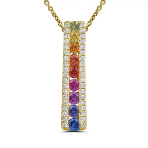 18 krt rosegouden " Regenboog hanger " recht model verfraaid met saffieren in diverse kleuren ( 9-0,44 ct ) en aan weerszijden versierd met briljant geslepen diamanten pavé gezet 38 stuks totaal 0,13 ct G/Si - 214252