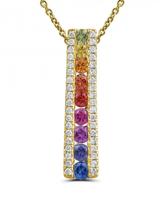 18 krt rosegouden " Regenboog hanger " recht model verfraaid met saffieren in diverse kleuren ( 9-0,44 ct ) en aan weerszijden versierd met briljant geslepen diamanten pavé gezet 38 stuks totaal 0,13 ct G/Si - 214252