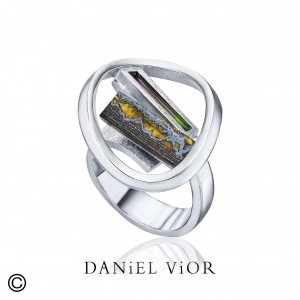 Daniel Vior ring; Biaix zilver vergulde ring met ijzig tijgeroog en groen bruin emaille - 214561