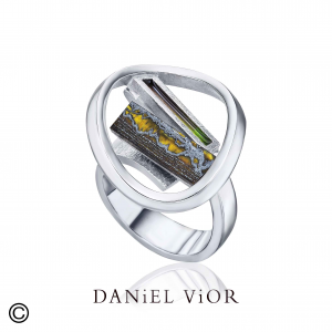 Daniel Vior ring, Biaix zilver vergulde ring met ijzig tijgeroog en groen bruin emaille - 214561