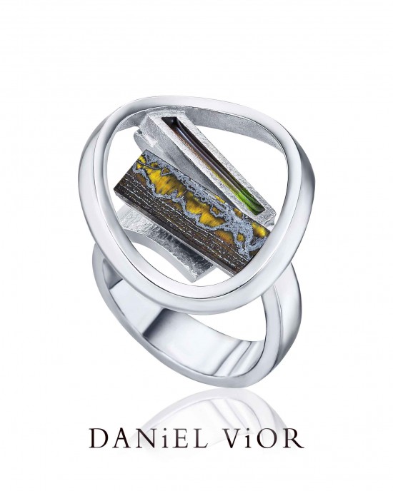 Daniel Vior ring; Biaix zilver vergulde ring met ijzig tijgeroog en groen bruin emaille - 214561