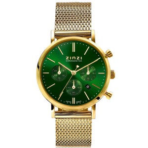 Zinzi Chrono horloge, kast en milanaise band geel double, groene wijzerplaat + datum, ZIW1535 - 214496