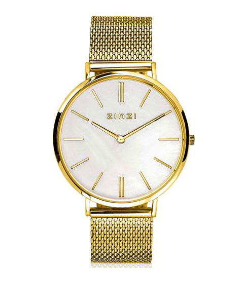 Zinzi Retro horloge, kast en milanaise band geel verguld,parelmoerkleurige wijzerplaat met streepindex, ZIW448M - 214500