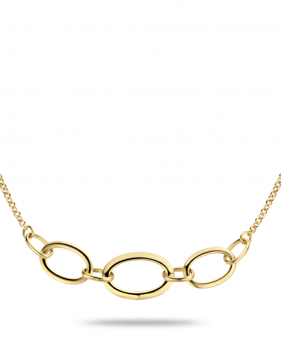 14 krt geelgouden fantasie collier met 3 ovale grote schakels als middenstuk, 42 cm - 214612