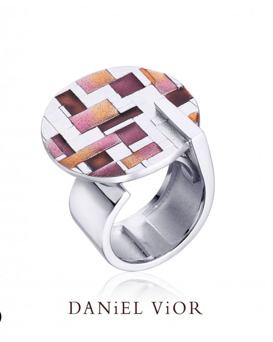 Daniel Vior ring, gerhodineerd zilver, Picno; roze-rode emaille - 214571