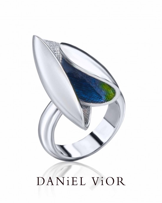 Daniel Vior gerhodineerd zilveren ring; Elitro met groen-blauw emaille - 214572