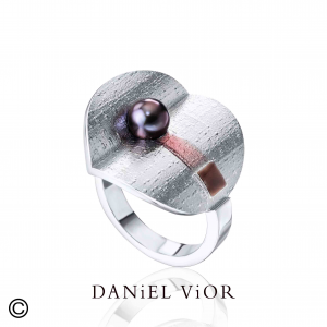 Daniel Vior gerhodineerd zilveren ring, Pireno donkere parel met bruin emaille - 214573