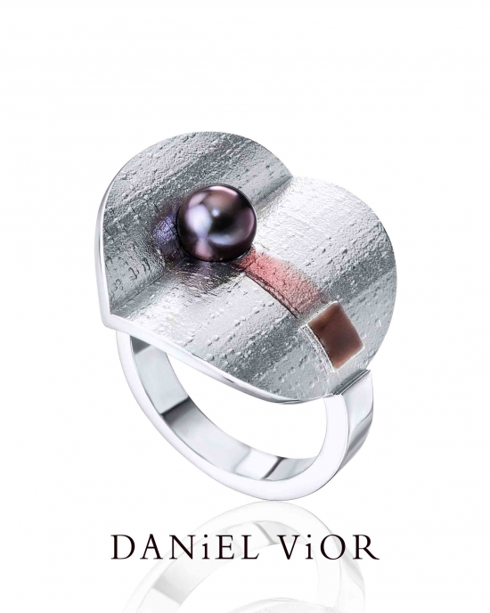 Daniel Vior gerhodineerd zilveren ring, Pireno donkere parel met bruin emaille - 214573