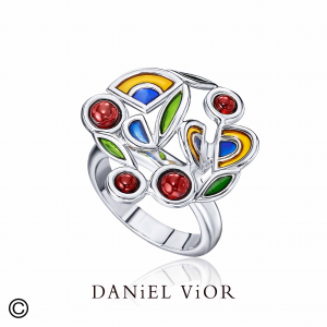 Daniel Vior ring, gerhodineerd zilver,Filam, granaat met diverse kleuren emaille - 214576