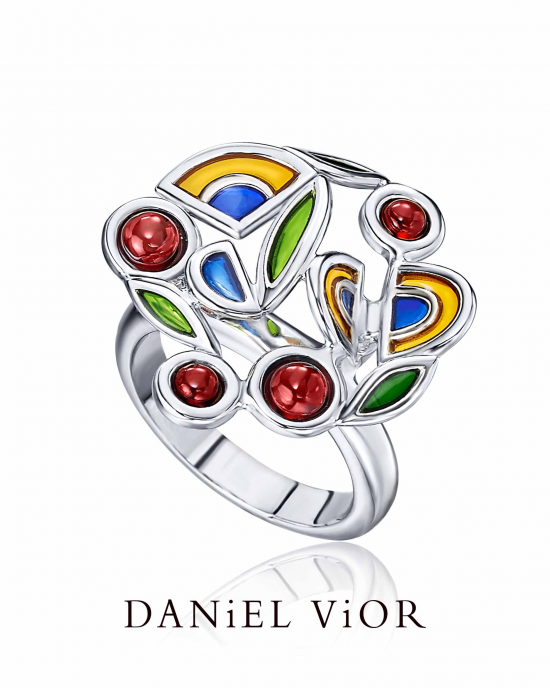Daniel Vior ring, gerhodineerd zilver,Filam, granaat met diverse kleuren emaille - 214576