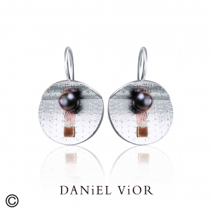 Daniel Vior oorsieraden, gerhodineerd zilver,Pireno, zwarte parel en bruin emaille - 214594