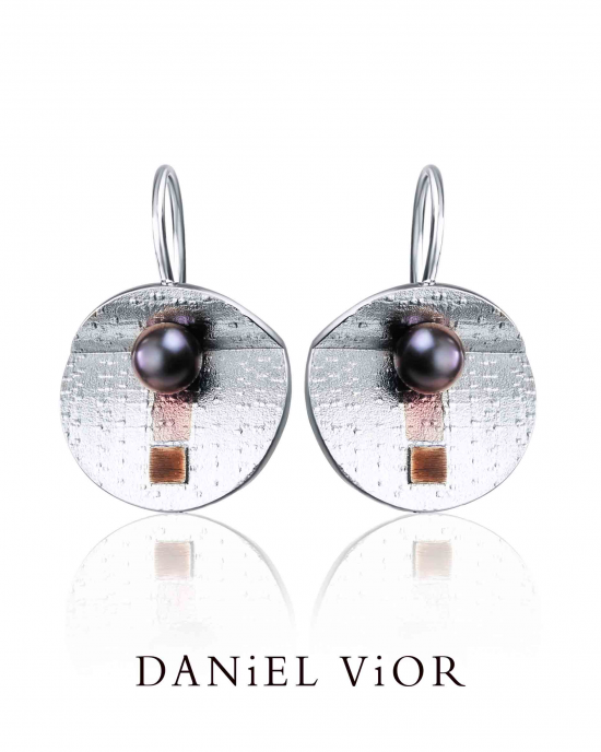 Daniel Vior oorsieraden, gerhodineerd zilver,Pireno, zwarte parel en bruin emaille - 214594