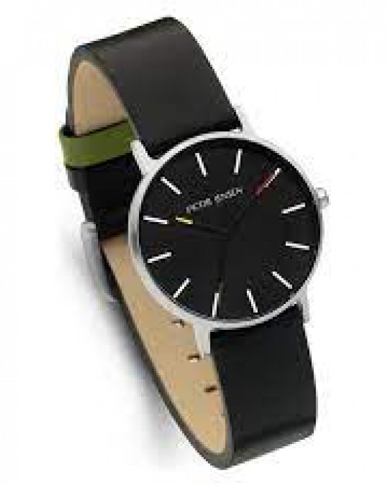 Jacob Jensen horloge model 172 Timeless Nordic, zwart wijzerplaat + saffierglas en voorzien van lederen band met groen accent - 214747