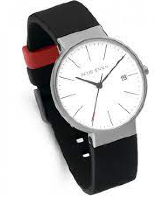 Jacob Jensen horloge model 183 Timeless Nordic, zilverkleurige wijzerplaat + rood accent + saffierglas en voorzien van rubberen band - 214751
