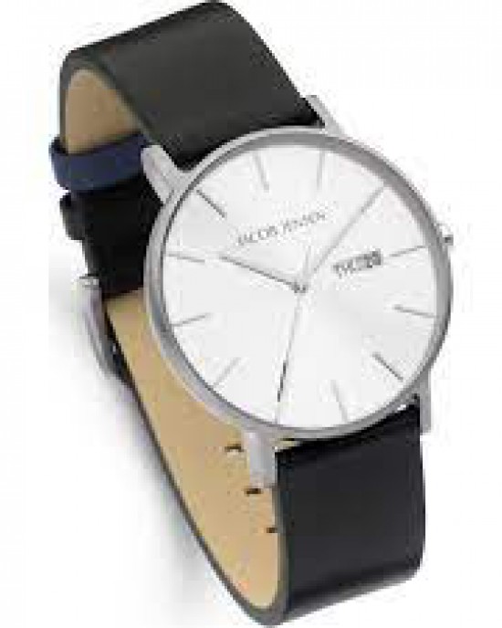 Jacob Jensen horloge model 160 Timeless Nordic,40 mm doorsnede, zilverkleurige wijzerplaat + saffierglas + blauw accent en voorzien van lederen band - 214797
