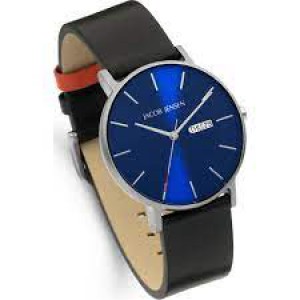 Jacob Jensen horloge model 161 Timeless Nordic,40mm doorsnede, blauwe wijzerplaat + saffierglas + rood accent en voorzien van lederen band - 214803