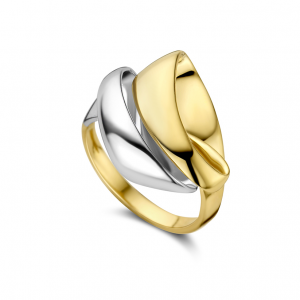 eNGi 14 krt bicolor gouden fantasie ring : de kop van de ring bestaat uit fraai omhoog draaiende bredere banen - 215075
