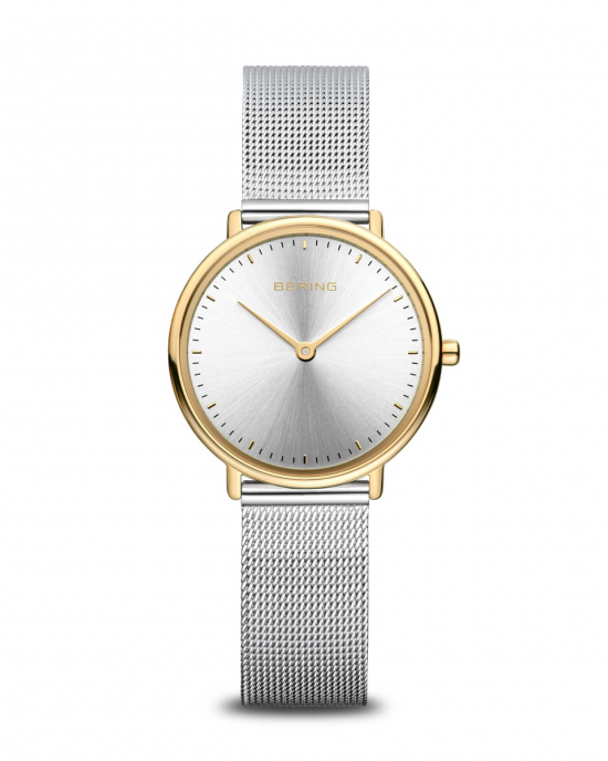 Bering bicolor dames horloge, ronde kast geel verguld, stalen milanaise band, zilverkleurige wijzerplaat, refnr: 15729-010 - 214987