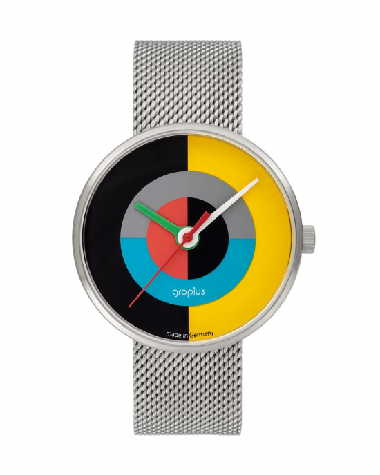 Walter Gropius Bauhaus horloge :  J.Albers-serie, stalen kast, gekleurde wijzerplaat en stalen milanaise band - 215217