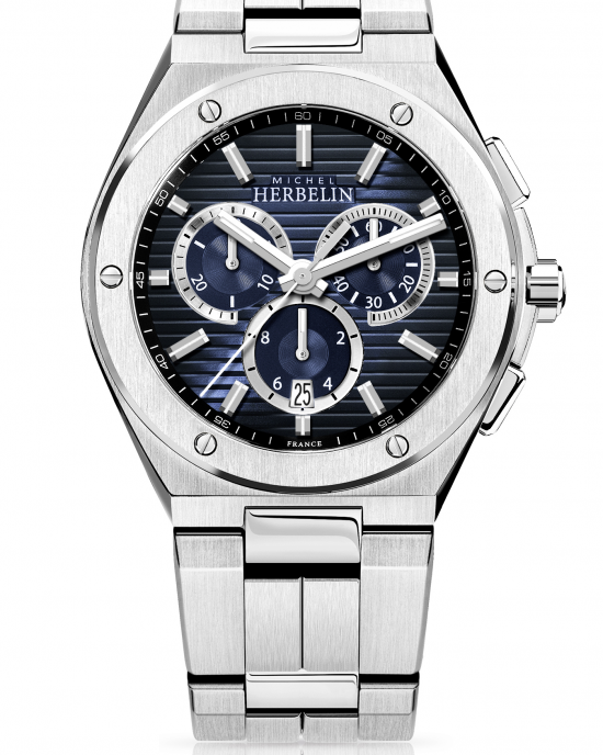 Michel Herbelin horloge " Cap Camarat Chrono " zwitsers uurwerk, stalen kast + band, saffierglas, 10 atm WD, wijzerplaat is blauwe gestreept en verlopend qua kleur - 215040
