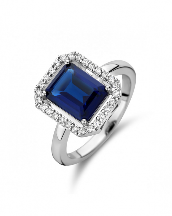 zilver gerhodineerde fantasie ring entourage style met rechthoekige synthetische saffier en krans van zirconia's - 215176