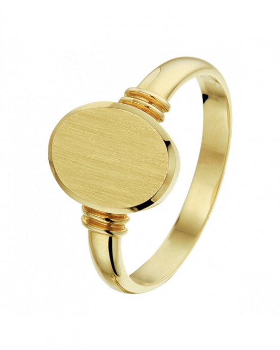 14 krt geelgouden massieve monogramring enkele band, dubbel bontje, kop is 10 mm x 12,5 mm en te graveren - 215201