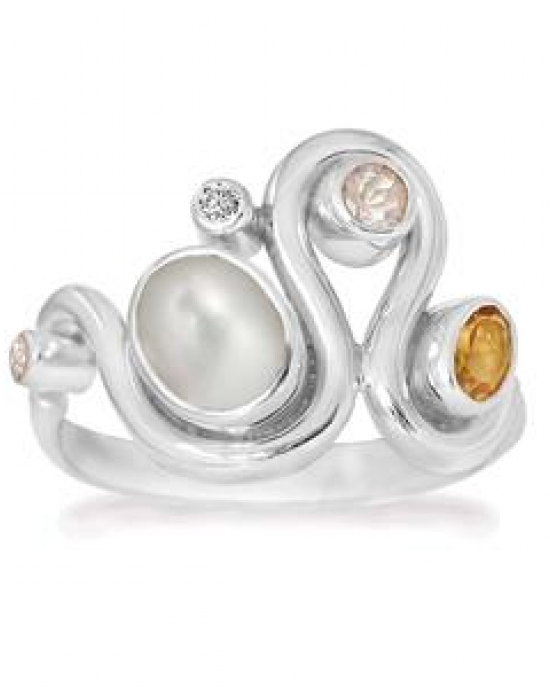 Zilveren Rabinovich fantasie ring " Happy Bow " verfraaid met witte parel, citrien, rose quartz en zirconia op maat 17 - 215100