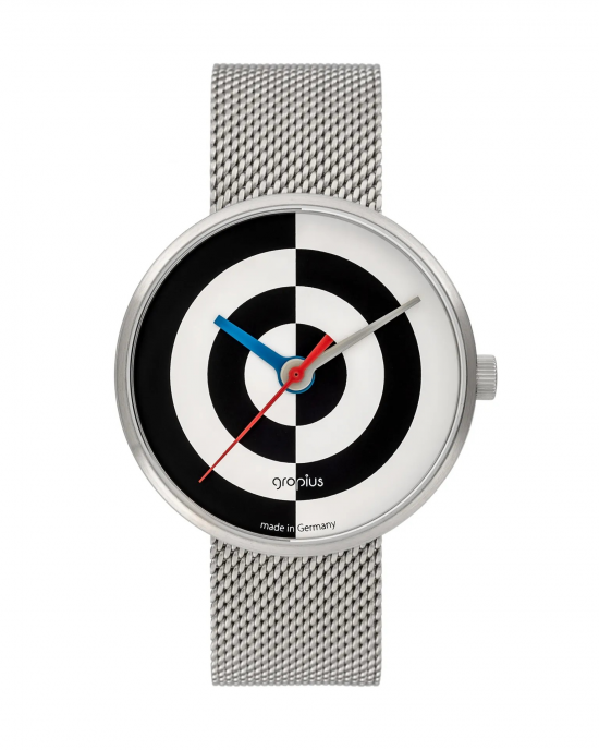 Walter Gropius Bauhaus horloge " J.Albers " stalen kast , zwart-wit wijzerplaat + zwarte leren band - 215218