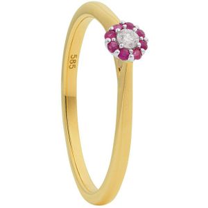 14 krt geelgouden rozet ring, middensteen 0,06 crt briljant geslepen diamant G-Si en een krans van 8 x rond geslepen robijnen - 215261