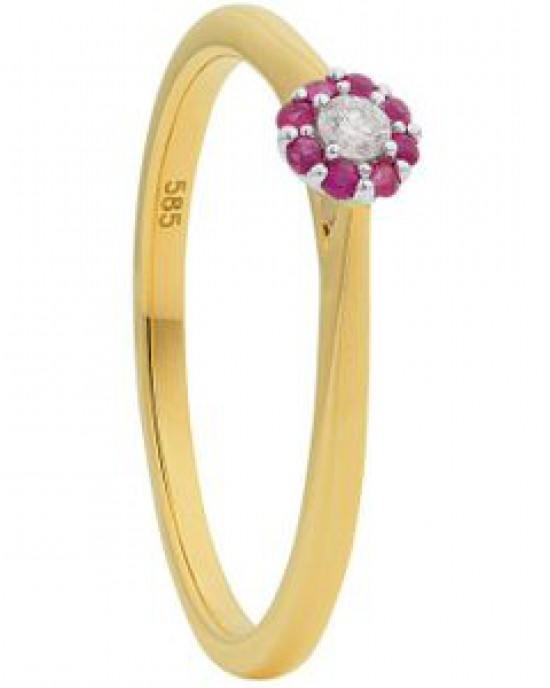 14 krt geelgouden rozet ring, middensteen 0,06 crt briljant geslepen diamant G-Si en een krans van 8 x rond geslepen robijnen - 215261
