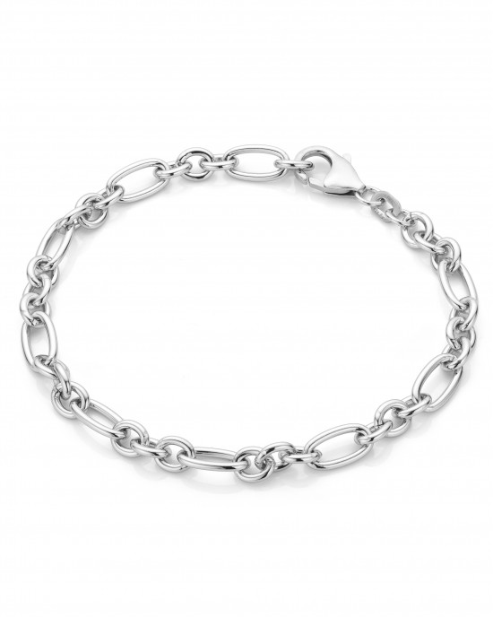 zilveren fantasieschakel armband gerhodineerd, kleine en grotere ovale schakels van ronde draad, 19 cm x ca 5,5 mm, voorzien van karabijnhaak - 215291