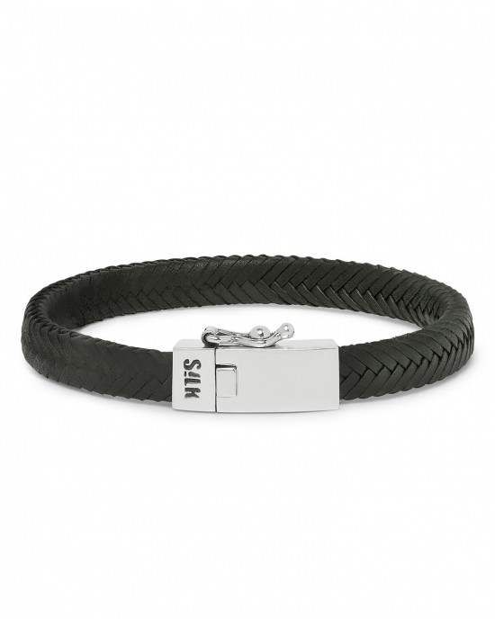 silk armband leder zwart met geoxydeerd zilveren slot "  insteekveer en veiligheidsachtje " , model 155BLK op 21 cm - 215365