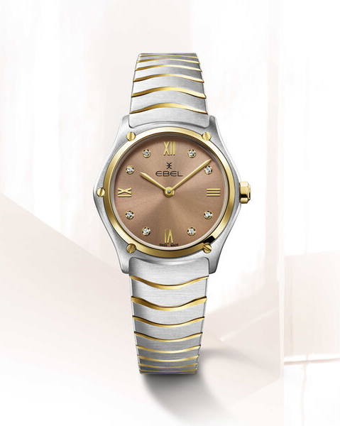 Ebel Sport Classic Lady 29 mm , band en kast is een combinatie van staal + 18 krt geelgoud, wijzerplaat kleur Brown waarop 8 x diamant is gezet, 1216556 - 215729
