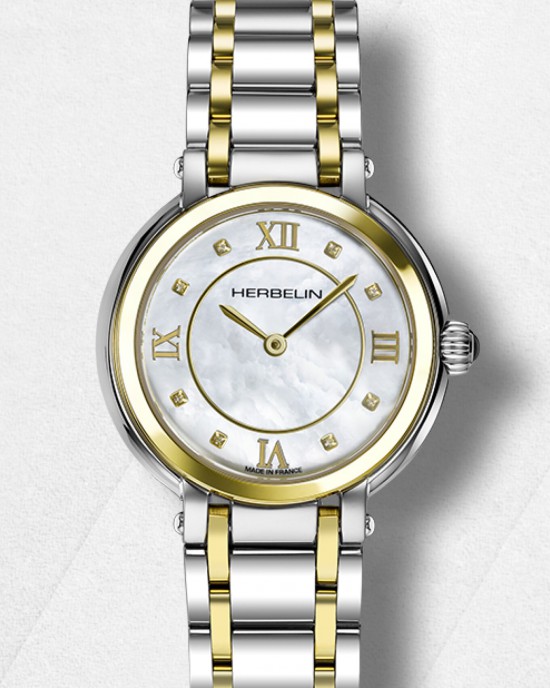 Herbelin horloge " Galet " zwitsers uurwerk; bi-colour PVD geel verguld stalen kast en band,  saffierglas , lichte parelmoerwijzerplaat, 28 mm - 215775