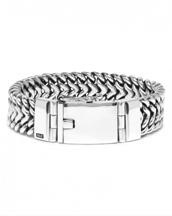 Zilveren Silk brede ( 15 mm ) en zware fantasie schakel armband, lengte 21 cm model 643, voorzien van insteekveer en veiligheids achtje - 215810