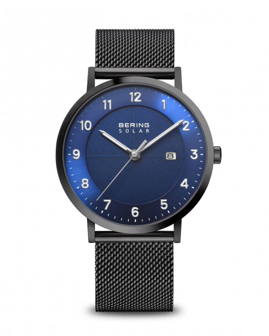 Bering Solar horloge, stalen kast en stalen milanaise band geheel zwart gecoat, voorzien van blauwe wijzerplaat, refnr 15439-327 - 215940