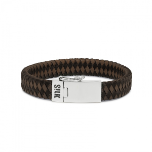 silk armband, geoxydeerd zilver met leer en insteekveer en veiligheidsachtje, model 841brn op 19 cm - 216024