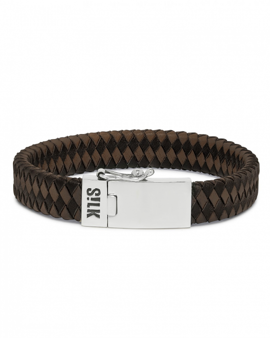 silk armband, geoxydeerd zilver met leer en insteekveer en veiligheidsachtje, model 841brn op 19 cm - 216024