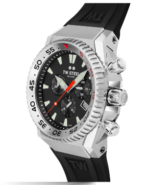 TW Steel Ace Diver chrono limited nr 136 van 1000 stuks,  ACE400, stalen kast, zwarte wijzerplaat, Swiss Made, saffierglas, 30 atm waterdicht, rubber met buitenzijde van bruin leer imi kroko print inclusief vouwsluiting - 216026