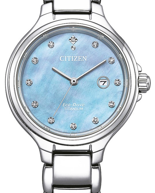 Citizen dames horloge Eco-drive, volledig gepolijst titanium, 100m WD en saffier glas, datum en secondewijzer, parelmoer wijzerplaat - 11111222