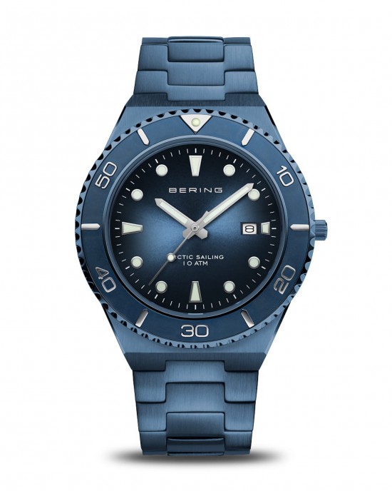 Stalen Bering horloge Arctic Sailing , 100m WD, stalen kast en stalen schakelband volledig blauw gecoat,  donkerblauwe lunette en wijzerplaat, ref 18940-797 - 11111229