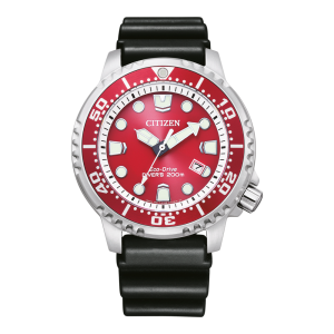 Citizen horloge Pro-Master Eco-Drive Diver 200 m WD, stalen kast en blauwe rubberen band, beschermde kroon, rode wijzwerplaat en rode lunette, doorsnede kast ca 44 mm - 11111244