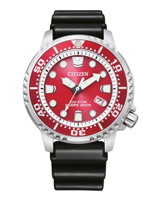 Citizen horloge Pro-Master Eco-Drive Diver 200 m WD, stalen kast en blauwe rubberen band, beschermde kroon, rode wijzwerplaat en rode lunette, doorsnede kast ca 44 mm - 11111244