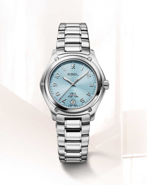 Stalen Ebel " 1911 " Dameshorloge 34 mm , saffierglas en 100m WD , wijzerplaat " Blue " met arabische cijferaanduiding, stalen kast en stalen band, vlindersluiting en een extra recycled natostrap grey/white, refnr : 1216578 - 11111383