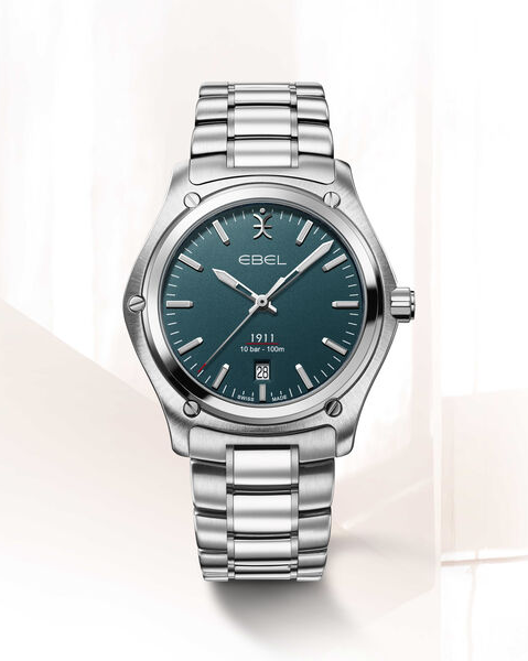 stalen Ebel " 1911 " horloge 42 mm , Saffierglas en 100m WD , wijzerplaat " Petrol Blue " met streepindex secondewijzer en datum, stalen kast en stalen band, vlindersluiting en een extra recycled natostrap black/grey, refnr : 1216585 -