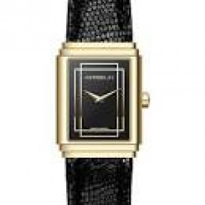 stalen Michel Herbelin horloge geel verguld, rechthoekige kast Art Deco met saffierglas, zwarte wijzerplaat, lederen band, refnr : 17577P04N64AP25 - 11111652