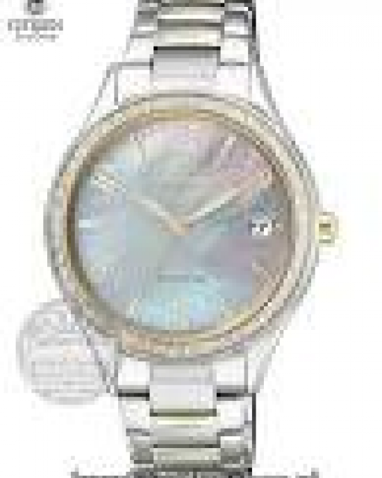 bicolor stalen Citizen dames Eco-Drive horloge, ronde kast ca 33mm,  parelmoer-look wijzerplaat arabisch/streep index en datum, lunette bezet met zirconia's, - 11111653