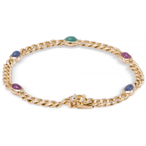 14 krt geelgouden fantasie Monzario armband, Maxima style, massieve gourmetschakels met in gladde zetkasten ovale cabochon geslepen edelstenen : Robijn en saffier 2 x en 1 x smaragd, voorzien van insteekveer en 2 veiligheidsachtjes - 11111656